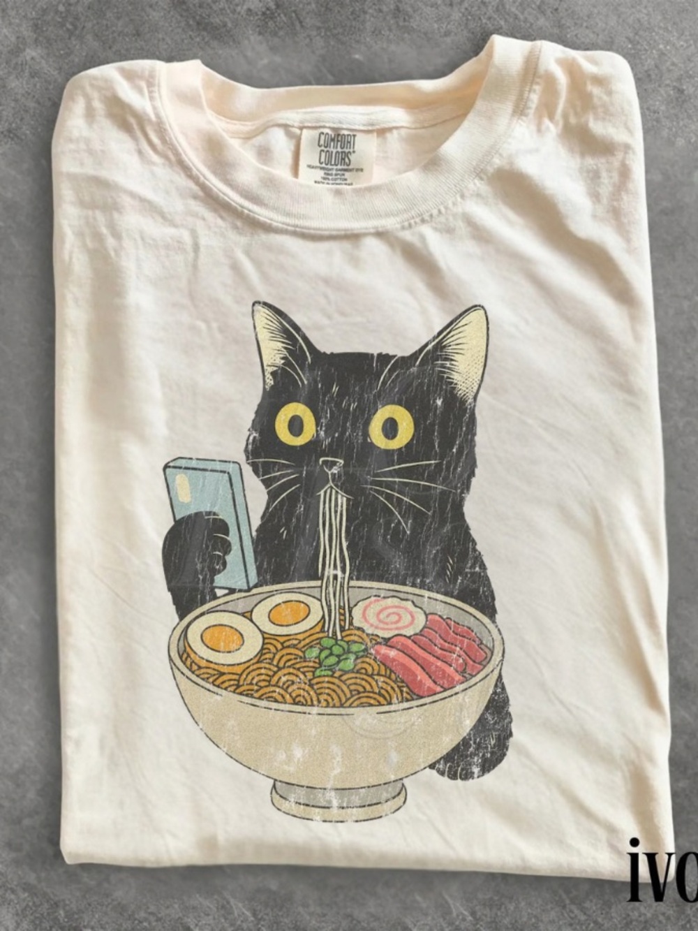 Comfort Colors Cream Tee with Black Cat Ramen Graphic